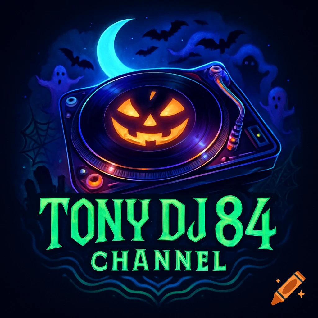 Halloween-themed logo with a jack-o'-lantern record on a turntable, glowing moon, bats, ghosts, and 'TONY DJ 84 CHANNEL' text.