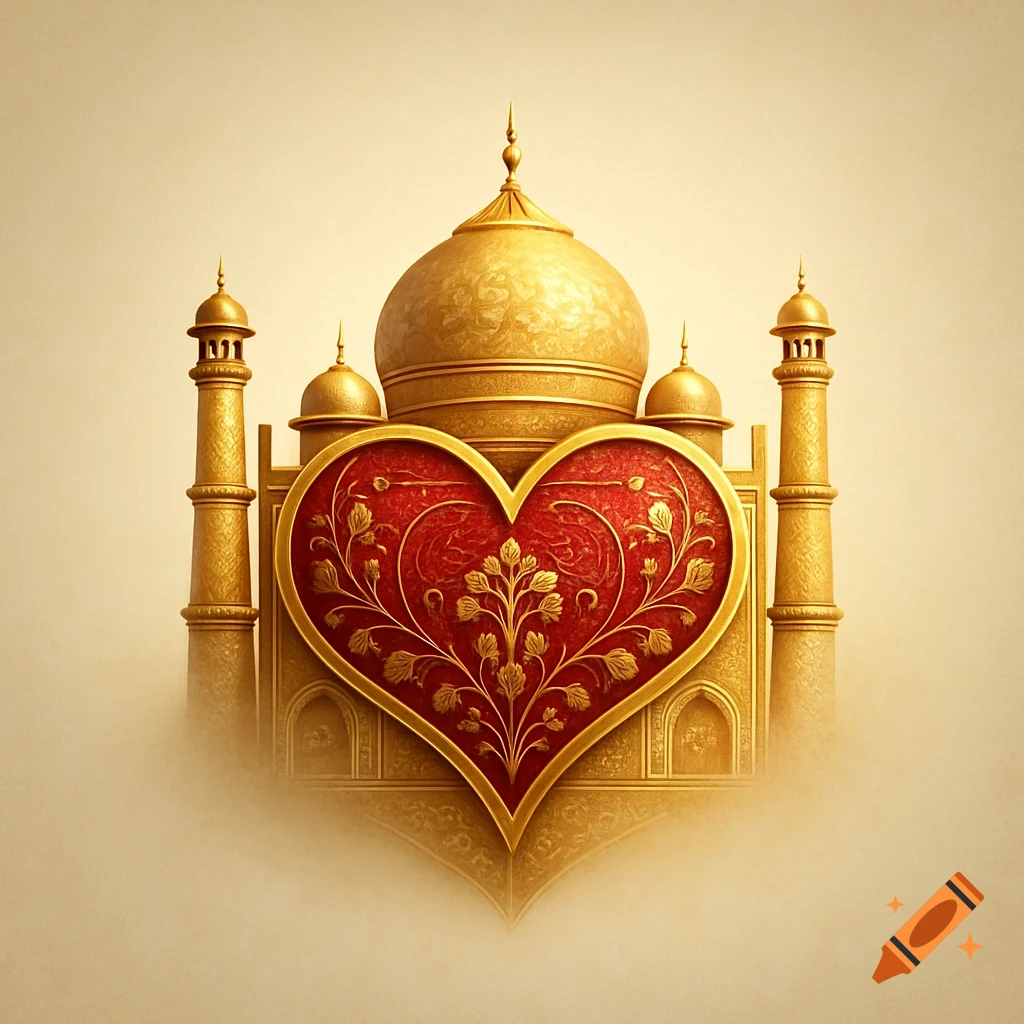 An ornate golden Taj Mahal fused with a large red heart featuring golden floral patterns, on a cream background.