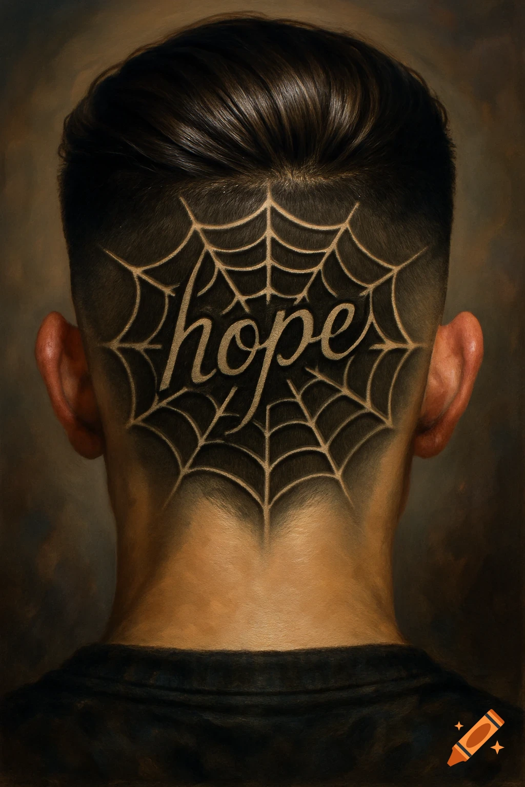 Painting of a person's head from behind, with an undercut hairstyle featuring a spider web and 'hope' shaved in.