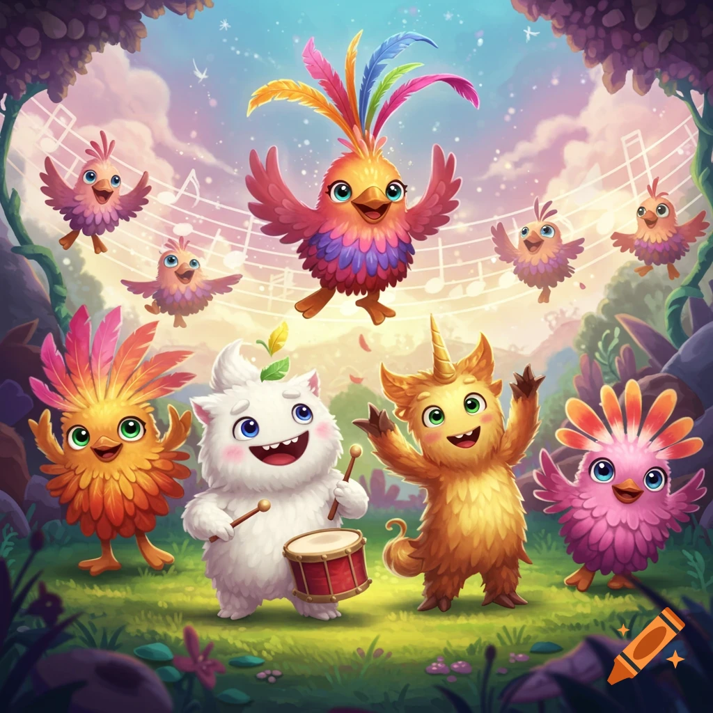 Colorful cartoon monsters and birds sing and play music in a whimsical forest with musical notes floating in the sky.