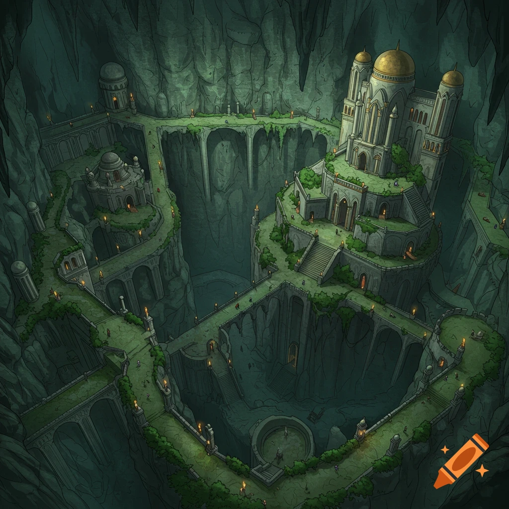 An intricate, stylized overhead view of a multi-layered underground fantasy city with a palace, bridges, and walkways lit by torches.