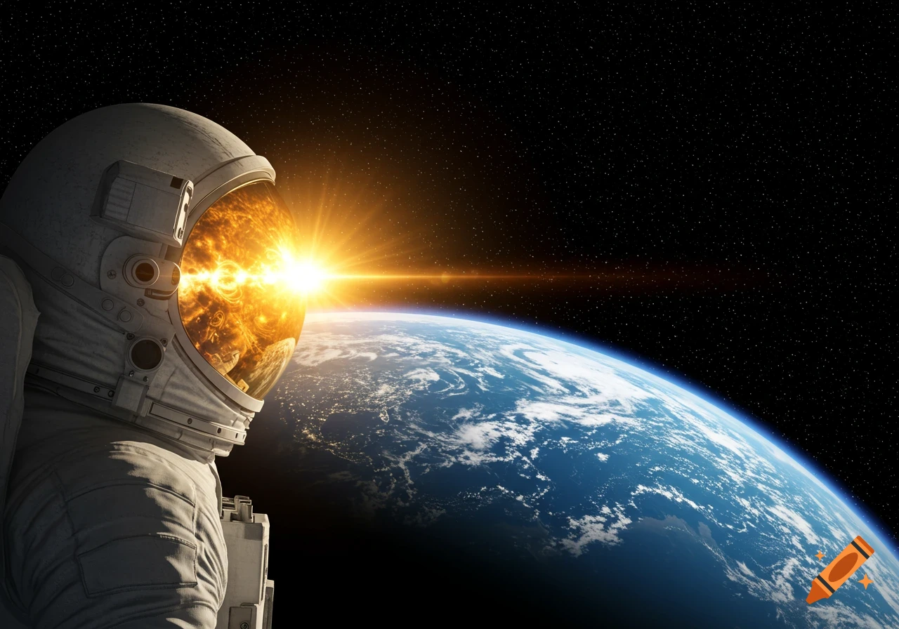 Photorealistic image of an astronaut in space, looking at the glowing sun reflecting in the visor and the Earth below.