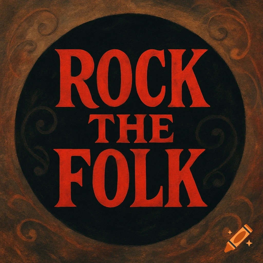Red text 'ROCK THE FOLK' in a black circle with a dark brown, swirled, rustic border.