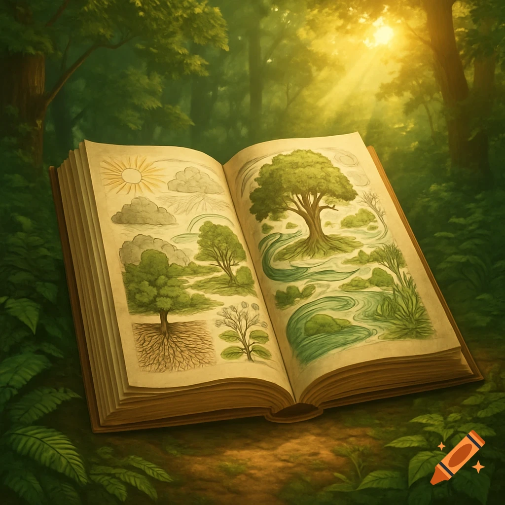 An open book illustrated with trees, roots, sun, clouds, and rivers lies on a forest floor with sunbeams.