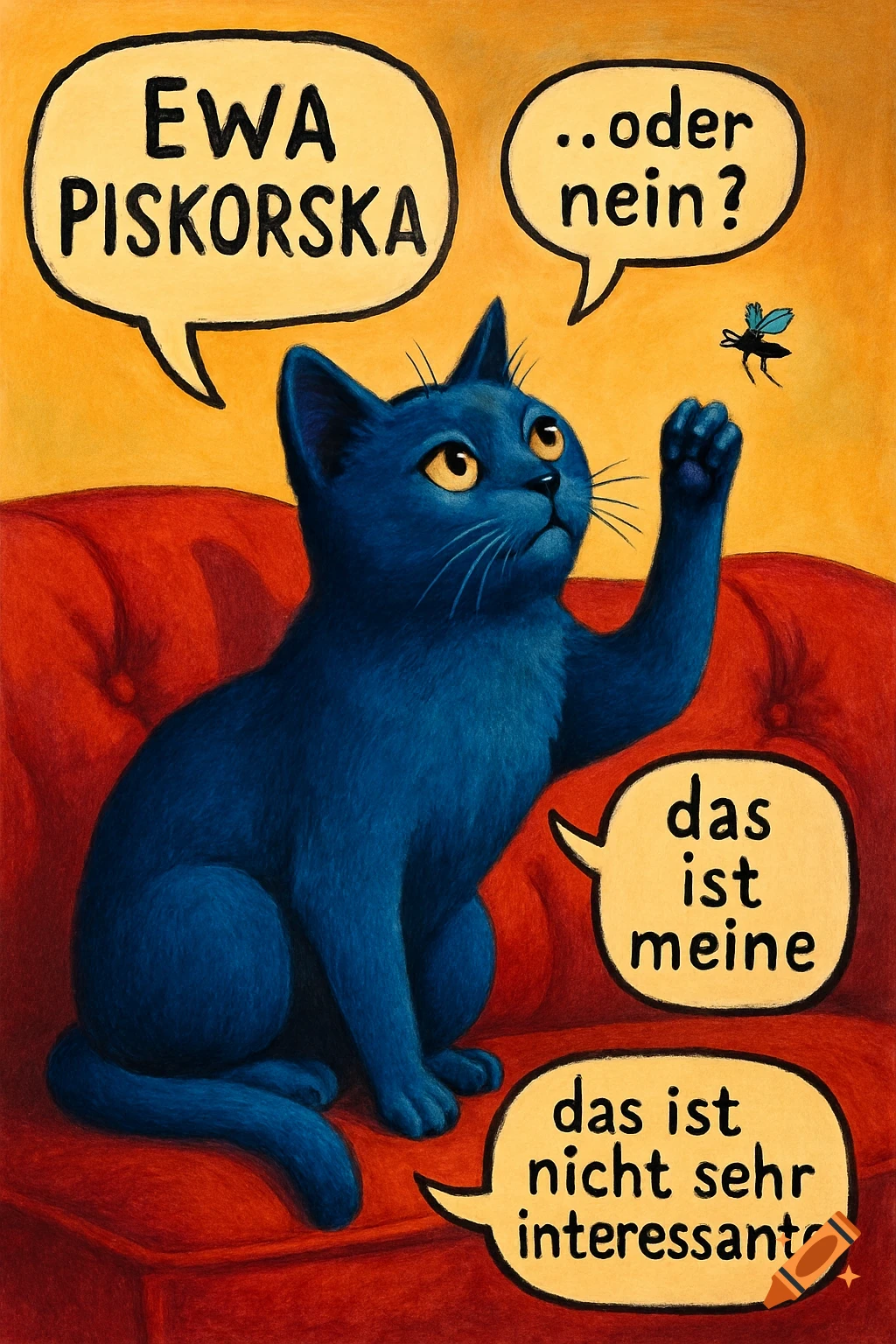 A cartoon blue cat sits on a red couch, looking up with a paw raised at a fly, with four speech bubbles above it.
