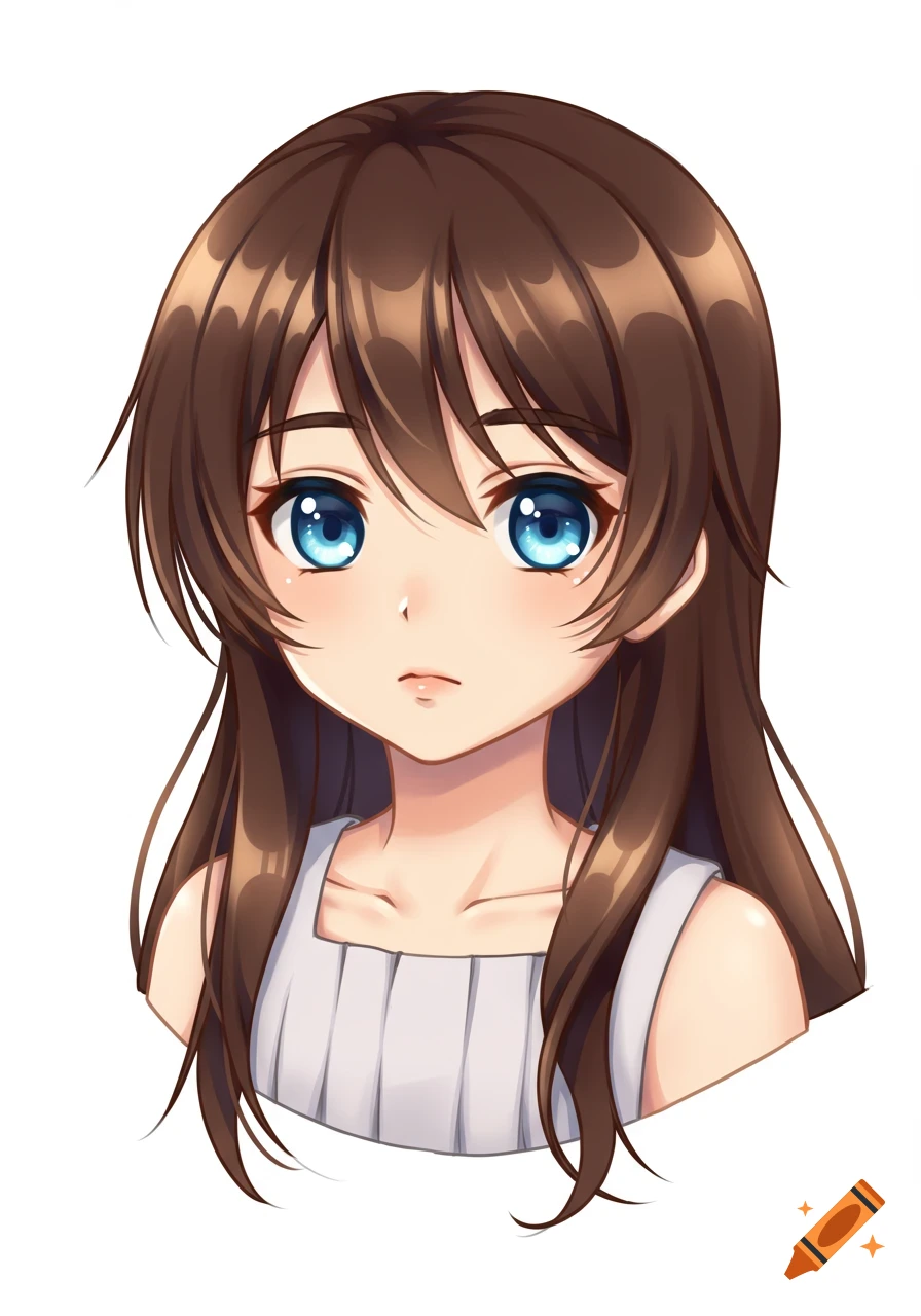 Anime girl headshot with long brown hair, big blue eyes, and a neutral expression on a white background.