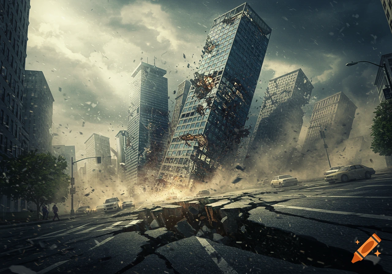 Photorealistic image of a city during a severe earthquake, with buildings collapsing, debris flying, and roads cracked.