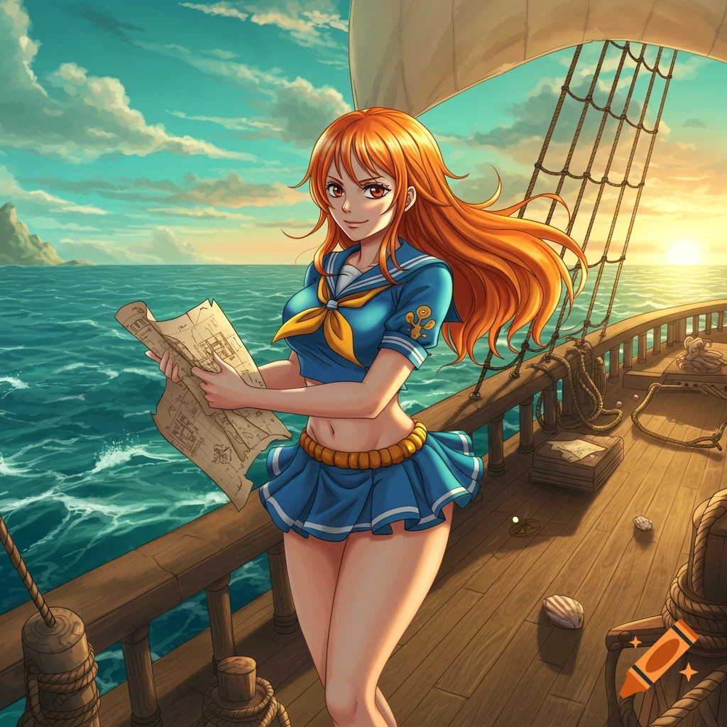 Anime woman with orange hair in a blue sailor outfit on a ship deck, holding a map, with a sunny sea background.