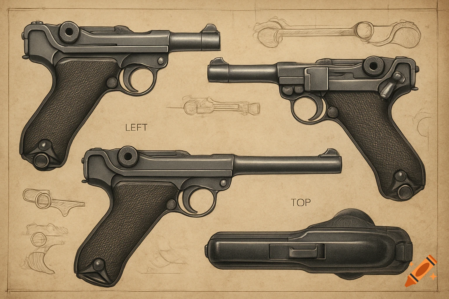 Detailed technical drawing of a Luger pistol, showing multiple views on aged paper.