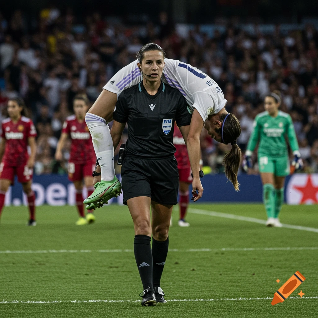 Photorealistic image of a female soccer referee carrying a fainted female Real Madrid player off the field.