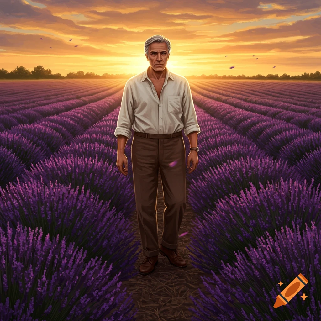 A man with gray hair in a white shirt and brown pants walks through a vast lavender field at sunset.
