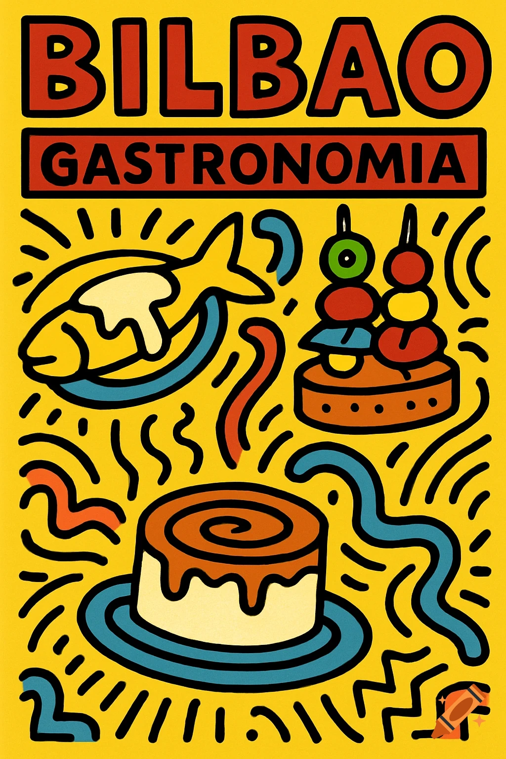 A bright yellow Keith Haring style poster featuring a fish, skewers, and a cake, with the text 'BILBAO GASTRONOMIA'.