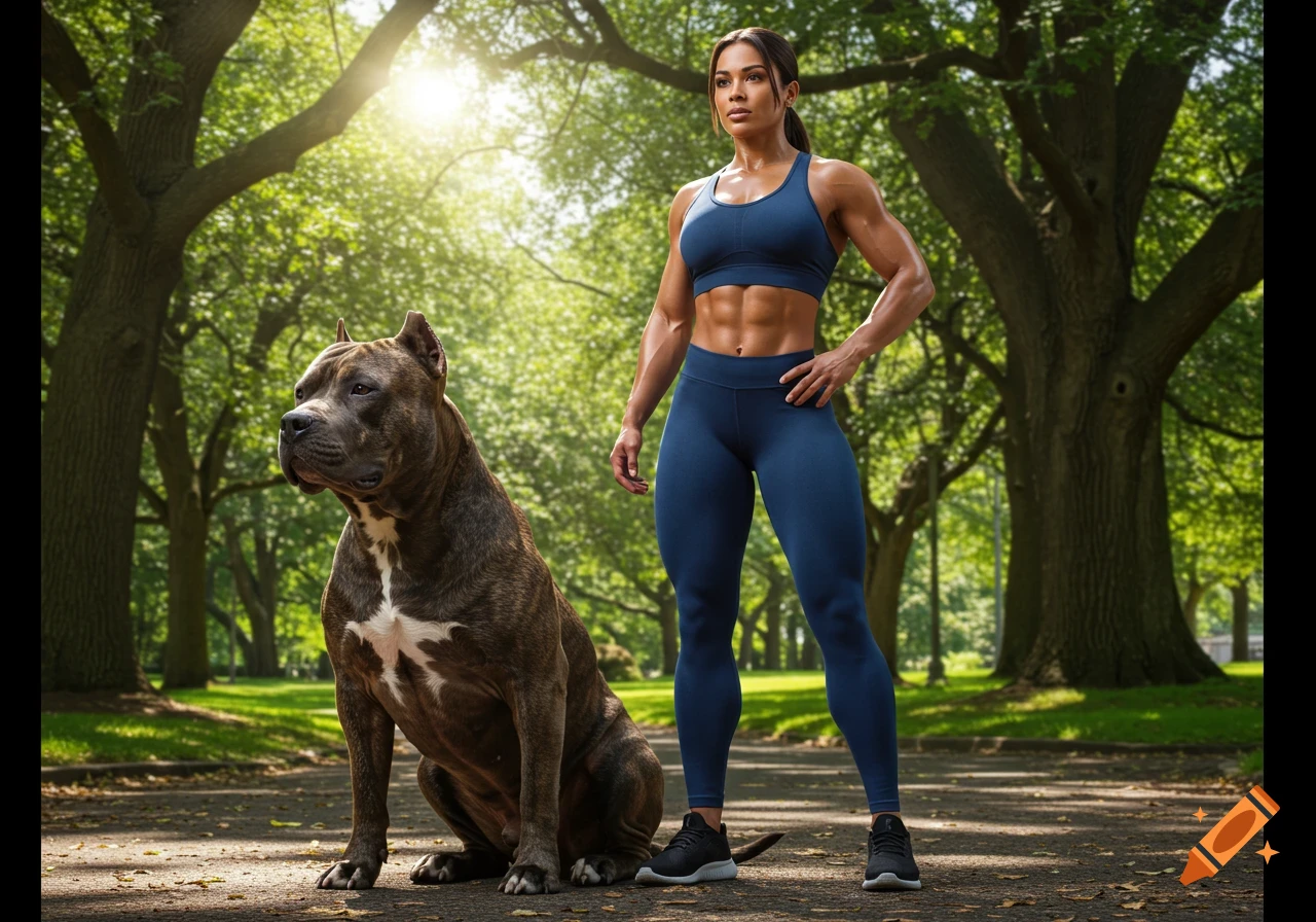 A muscular woman in blue athletic wear stands next to a large brindle pitbull dog sitting on a path in a sunny park.