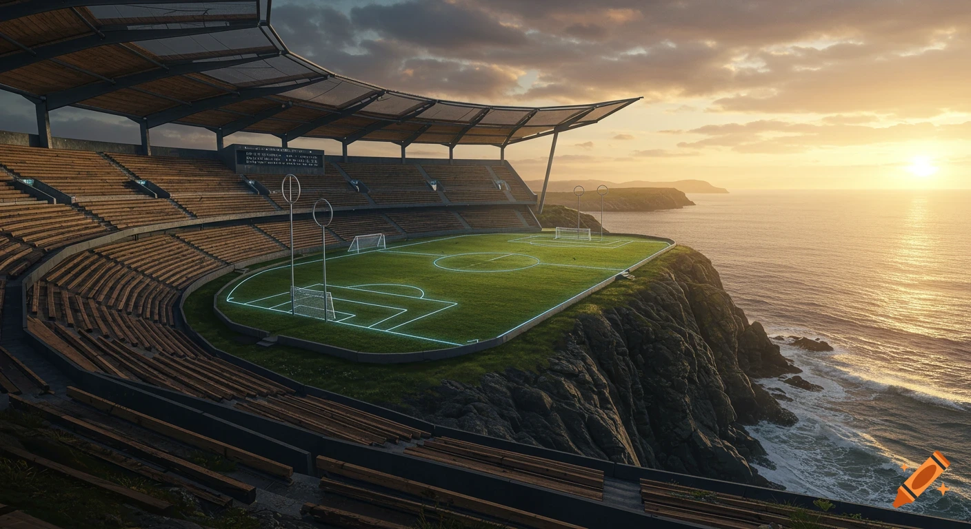 A modern Quidditch stadium sits on a rugged coastal cliff overlooking the sea at sunset. The green field has glowing blue lines.