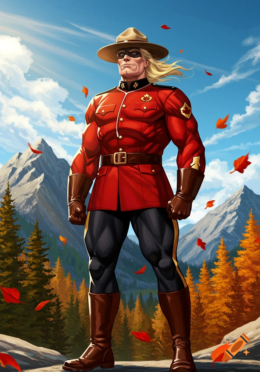 Muscular superhero in a red Canadian Mountie uniform and hat stands confidently in a vibrant autumn mountain landscape, comic art style.