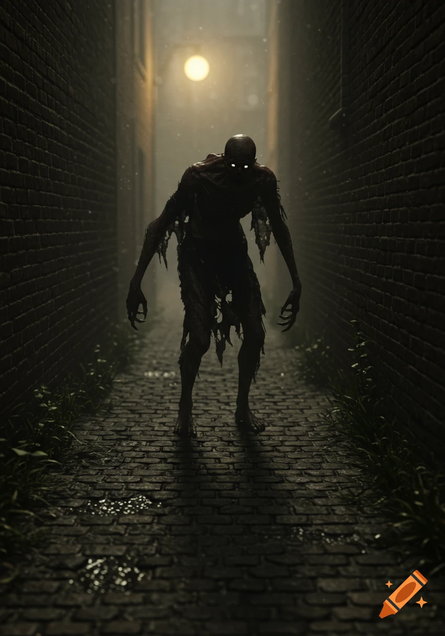 A dark, shadowy monster with glowing eyes and tattered flesh stands in a dim, wet alleyway with brick walls and cobblestones, illuminated by a single light.