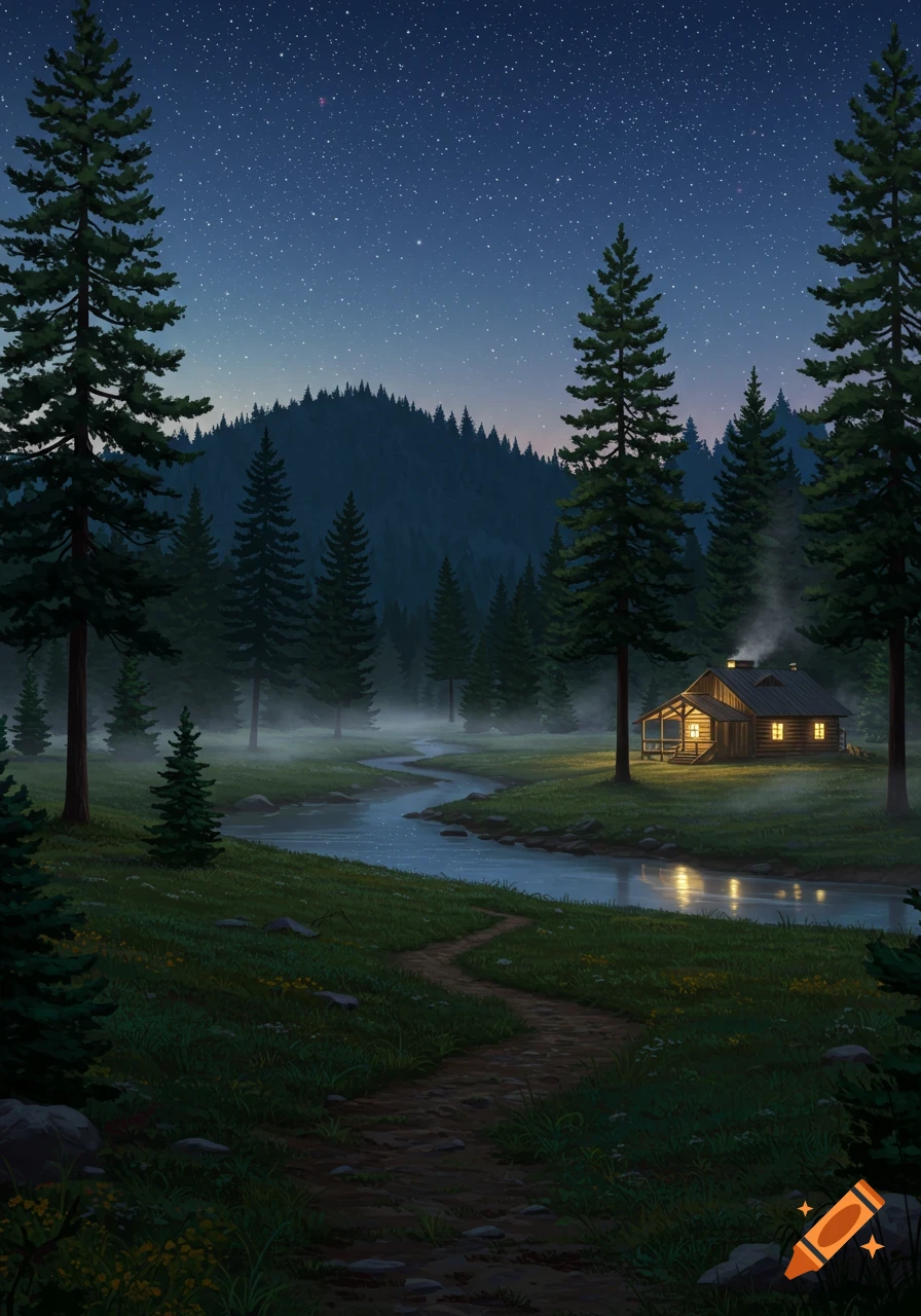 A cozy, illuminated wooden cabin by a winding river in a dark forest under a starry night sky, with a path leading towards it.