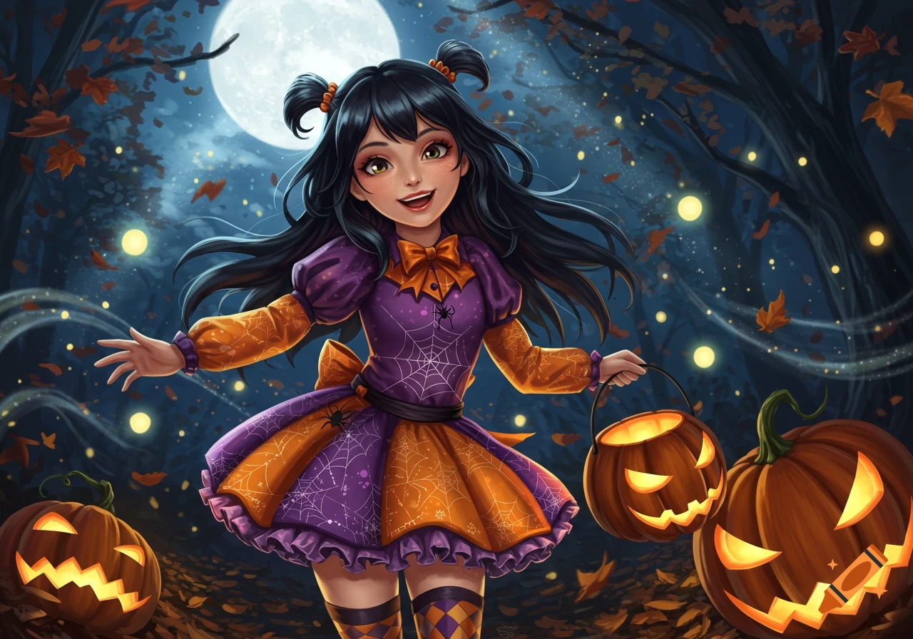 A cheerful girl in a purple and orange spiderweb Halloween costume stands in a moonlit forest with glowing jack-o'-lanterns.