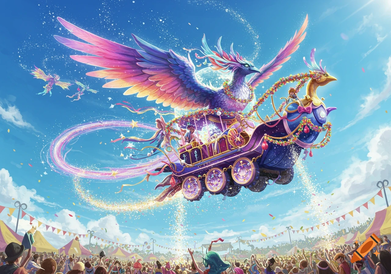 A vibrant fantasy illustration shows a colorful phoenix pulling a decorated sky parade float over a cheering crowd at a festival under a bright blue sky.