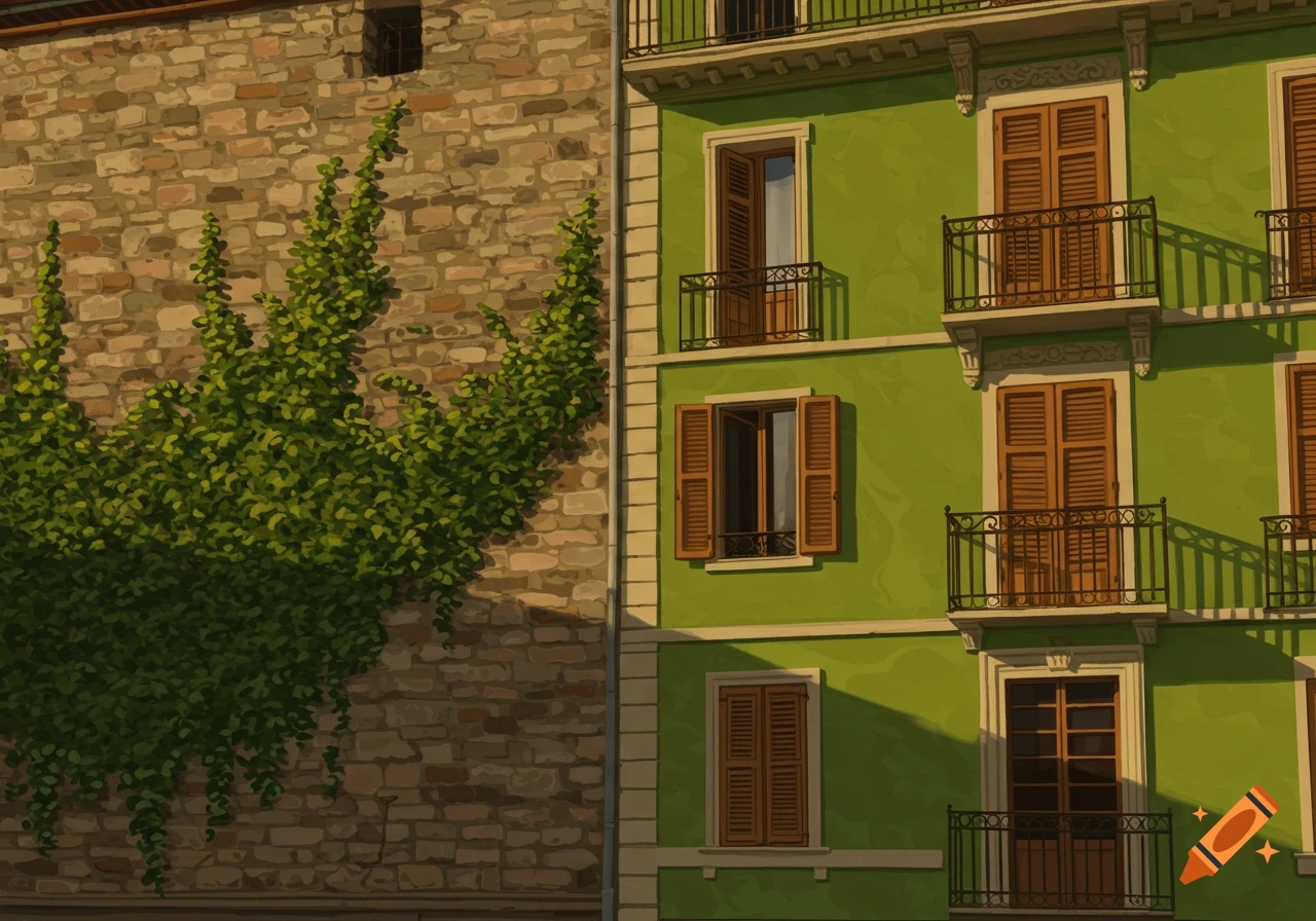 A vibrant lime green building facade with balconies and windows next to an ivy-covered brick wall, in a digital painting style.