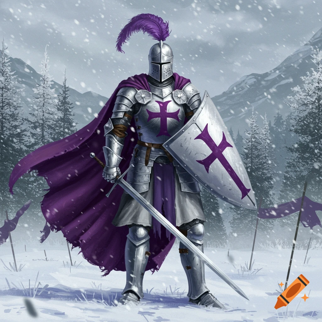 A silver-armored knight with a purple cape, feathered helmet, purple cross shield, and sword stands in a snowy battlefield.