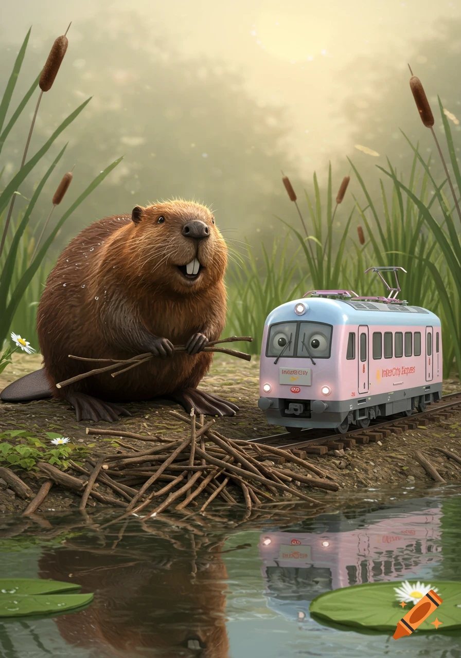 A cartoon beaver holding sticks sits next to a pink and blue 'InterCity Express' train on tracks by a pond in a sunny wetland.