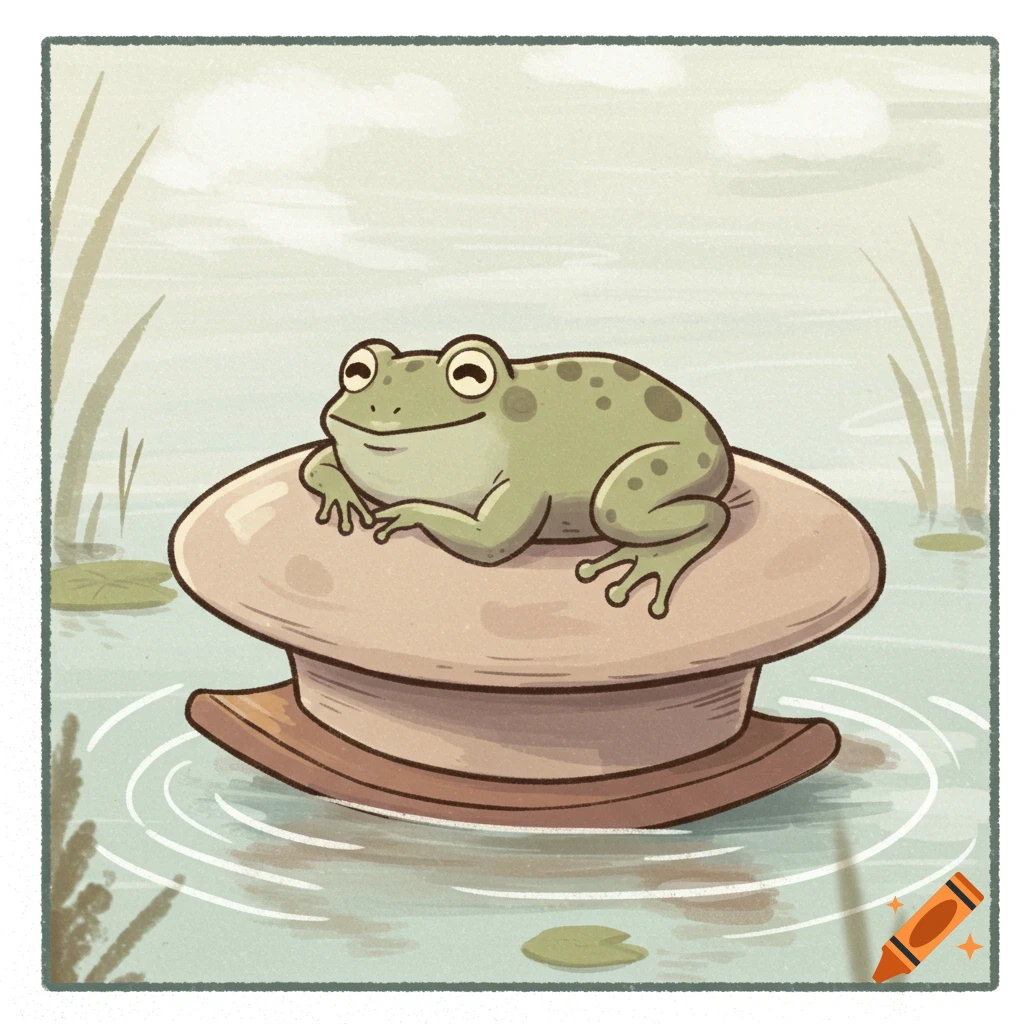 A cute, smiling green frog with black spots sits on a bob hat floating on pond water, with lily pads and reeds in a cartoon style.