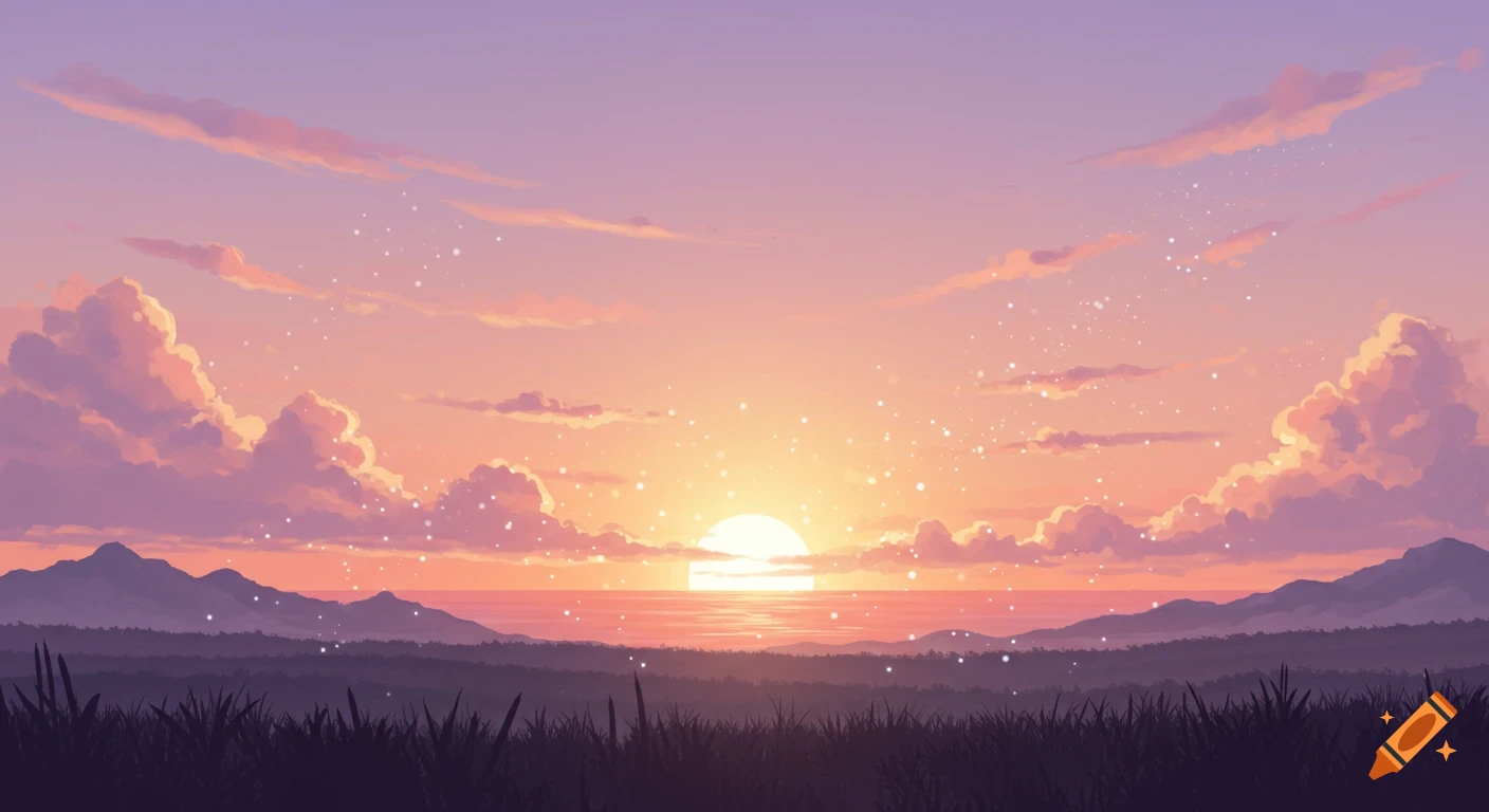 An illustrative landscape showing a vibrant sunset over mountains and a body of water, with purple and orange clouds and sparkling effects.