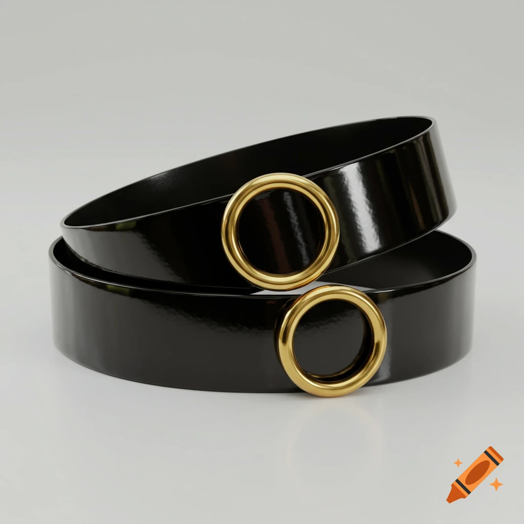 Two shiny black belts with prominent gold O-ring buckles on a light gray background, 3D render.