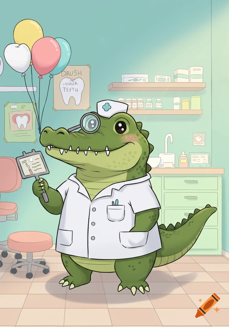 A cute cartoon crocodile wearing a white lab coat and nurse's cap, holding a dental chart, stands in a dentist's office.