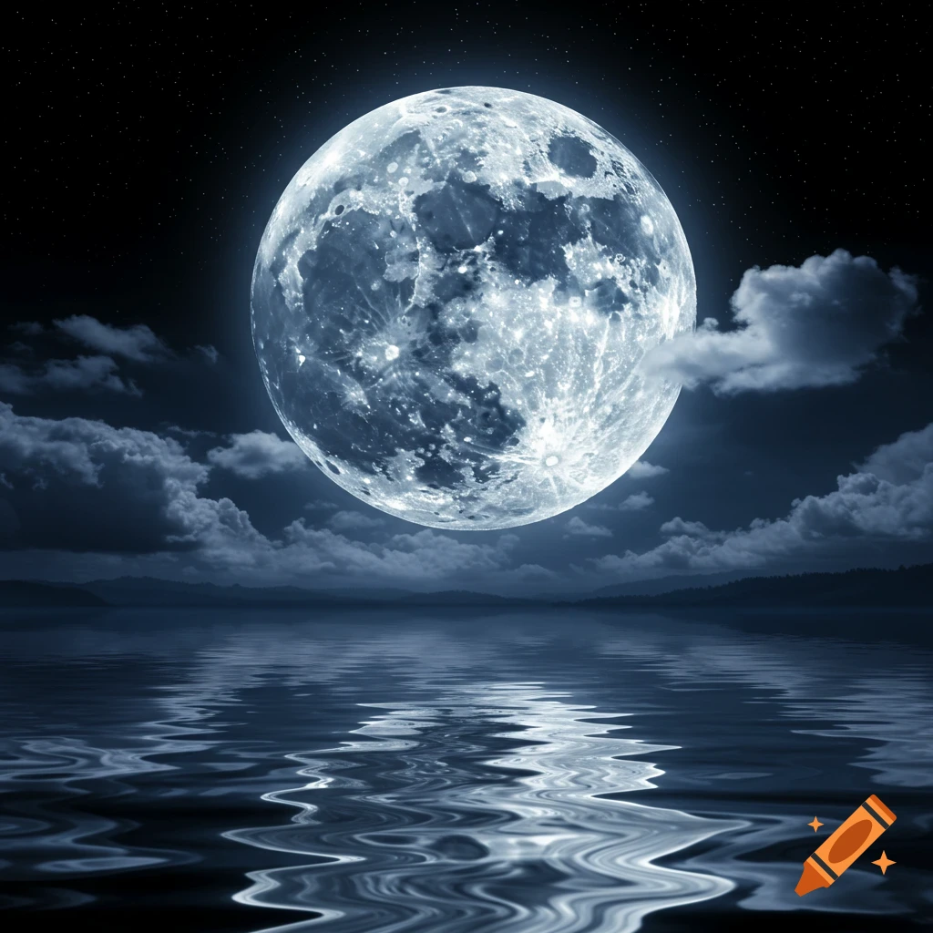 Bright full moon reflecting on rippled water under a starry night sky with dark clouds.