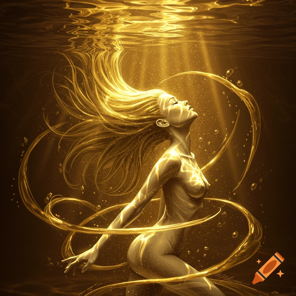 Ethereal golden woman with flowing hair swims nude in shimmering golden water, illuminated by sunbeams from above.