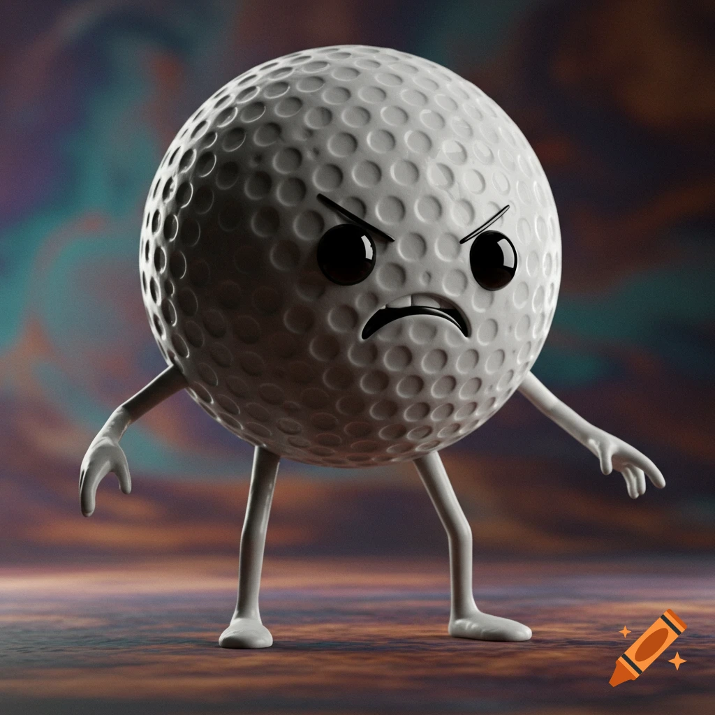 An angry 3D cartoon golf ball character with black eyes, a frown, and small limbs stands on a textured surface.