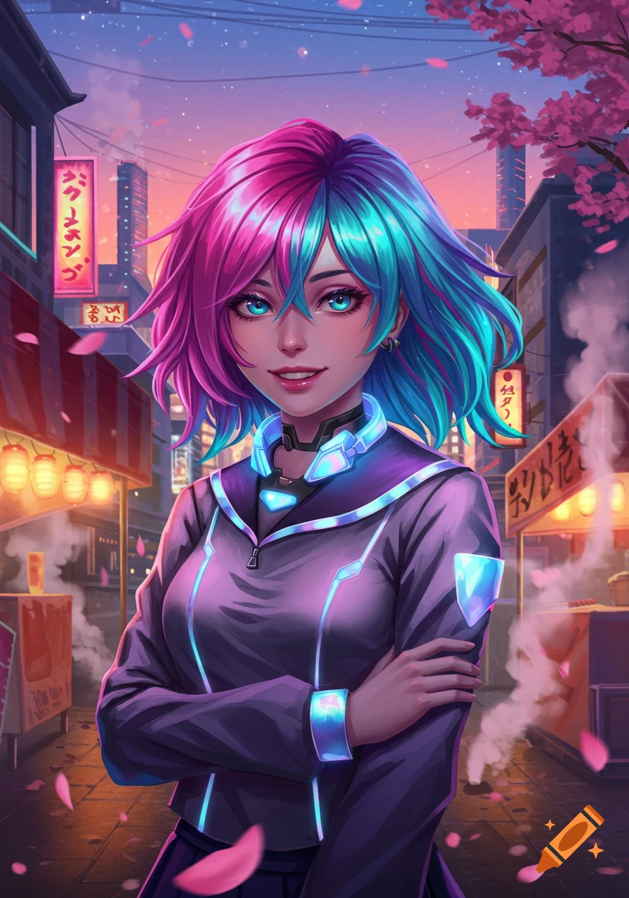 An anime girl with vibrant pink and blue hair and glowing eyes stands smiling in a futuristic street market at dusk, surrounded by cherry blossoms and neon signs.