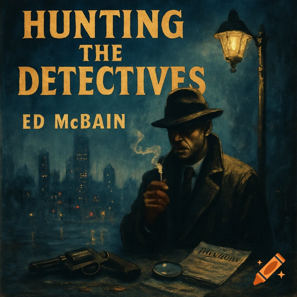 A dark, painterly book cover for 'Hunting the Detectives' by Ed McBain, featuring a trench-coated detective smoking under a lamppost, with a gun and magnifying glass on a table.