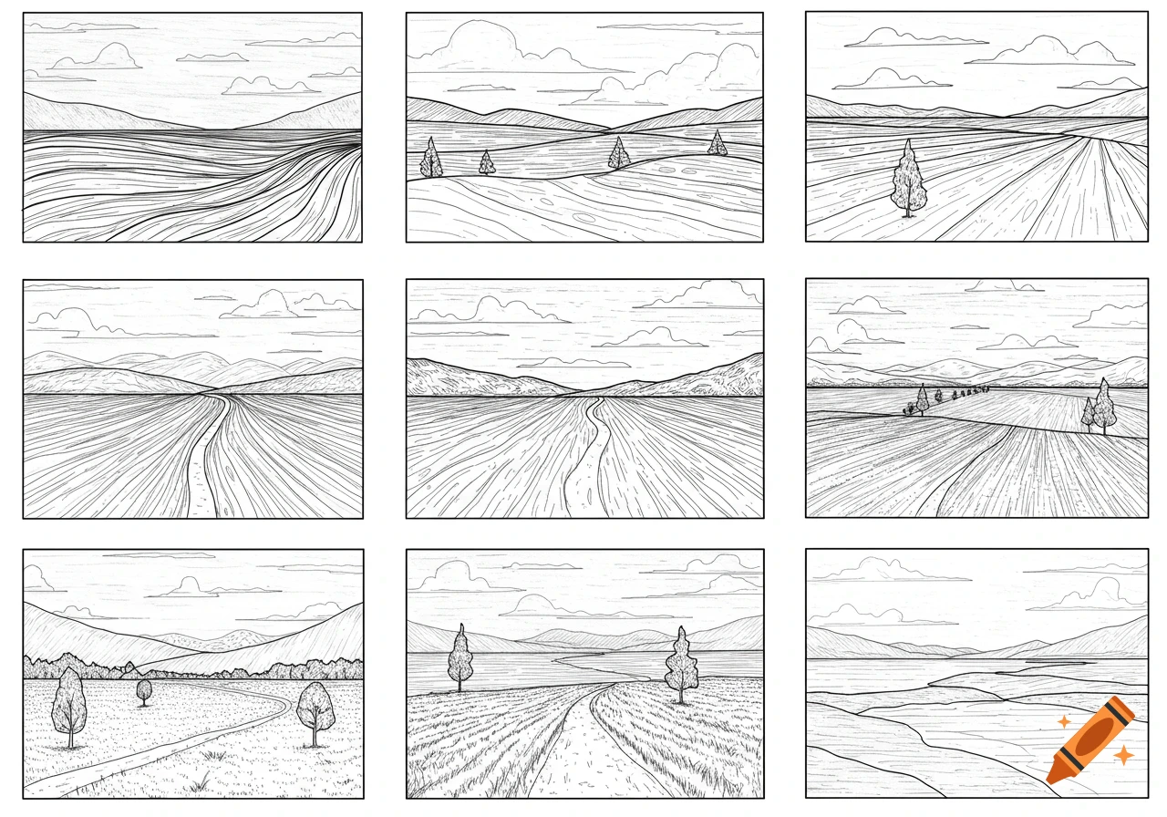 A grid of nine black and white line drawings, each depicting a different landscape scene with fields, hills, trees, and clouds.