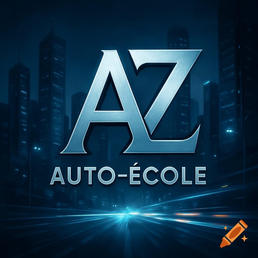 Metallic AZ AUTO-ÉCOLE logo over a dark, blurred cityscape with neon light trails, futuristic style.