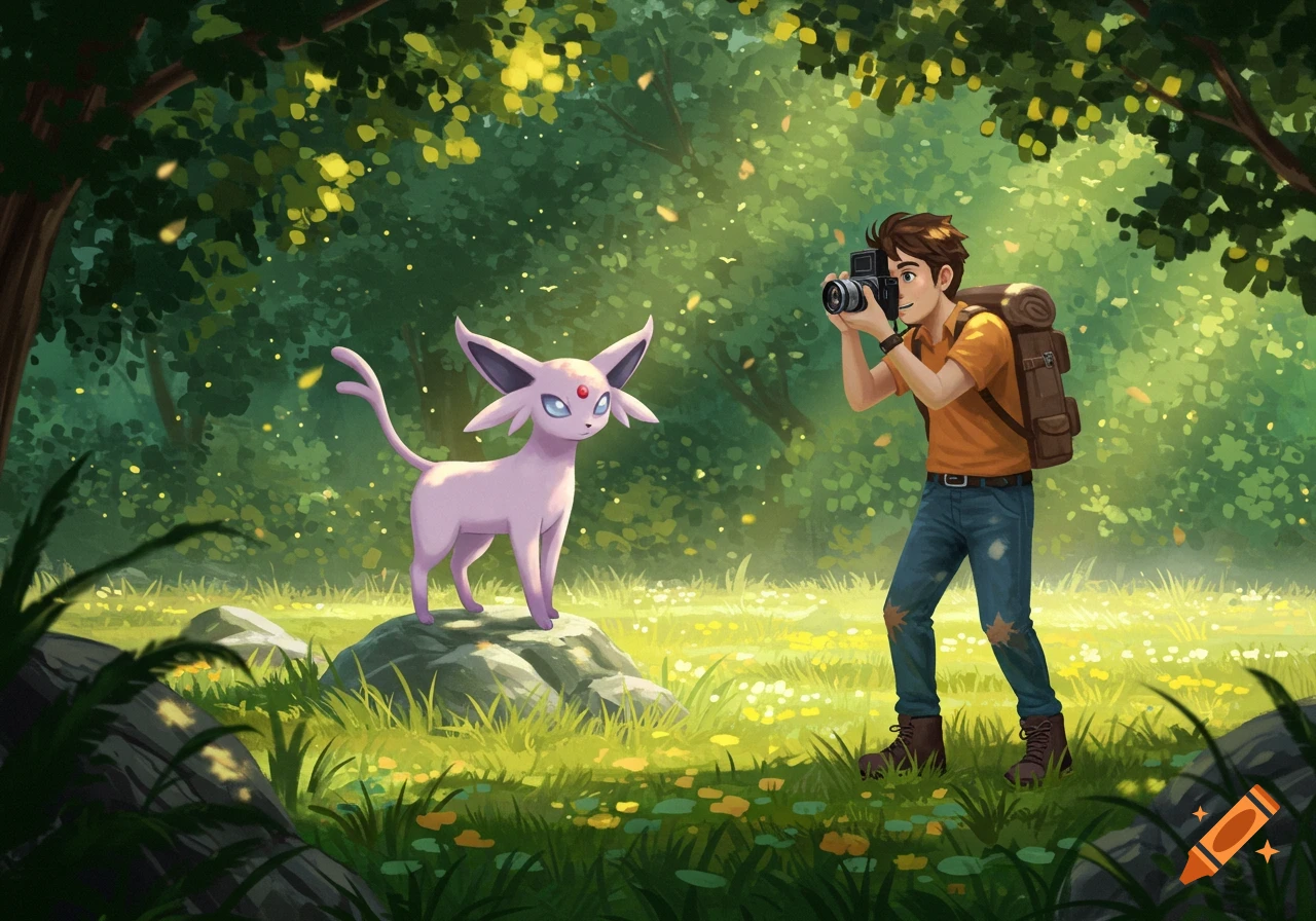 A photographer with a backpack kneels in a sunny, lush green forest, aiming a camera at a pink Espeon Pok 00e9mon on a rock. Digital art.