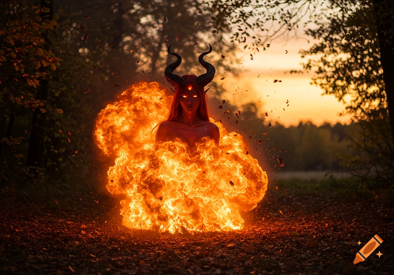 A red-skinned devil woman with horns and glowing eyes emerges from a fiery explosion in a dark forest at sunset.