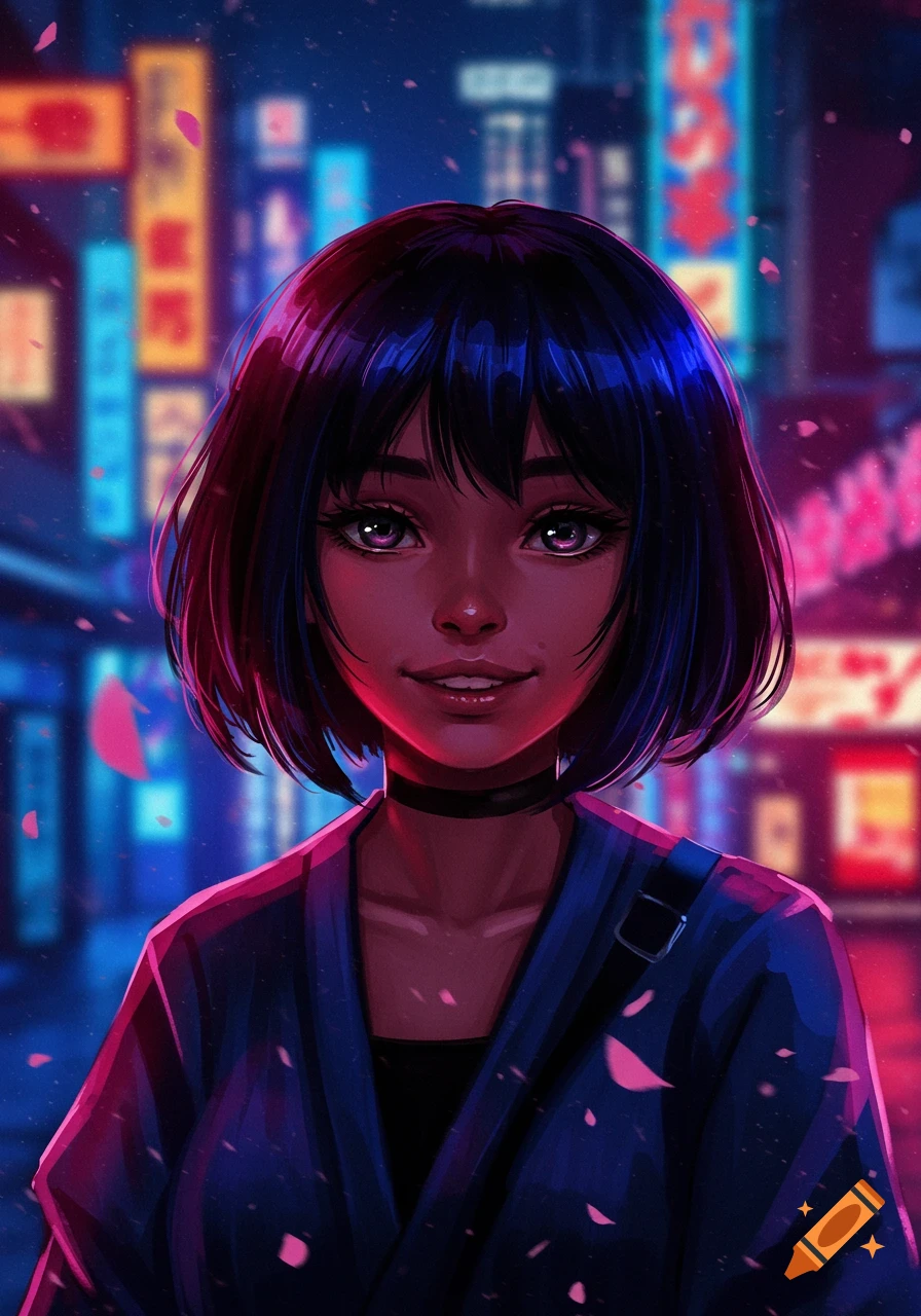 Anime girl with short dark hair and dark skin smiles in a neon-lit city street with falling pink petals.