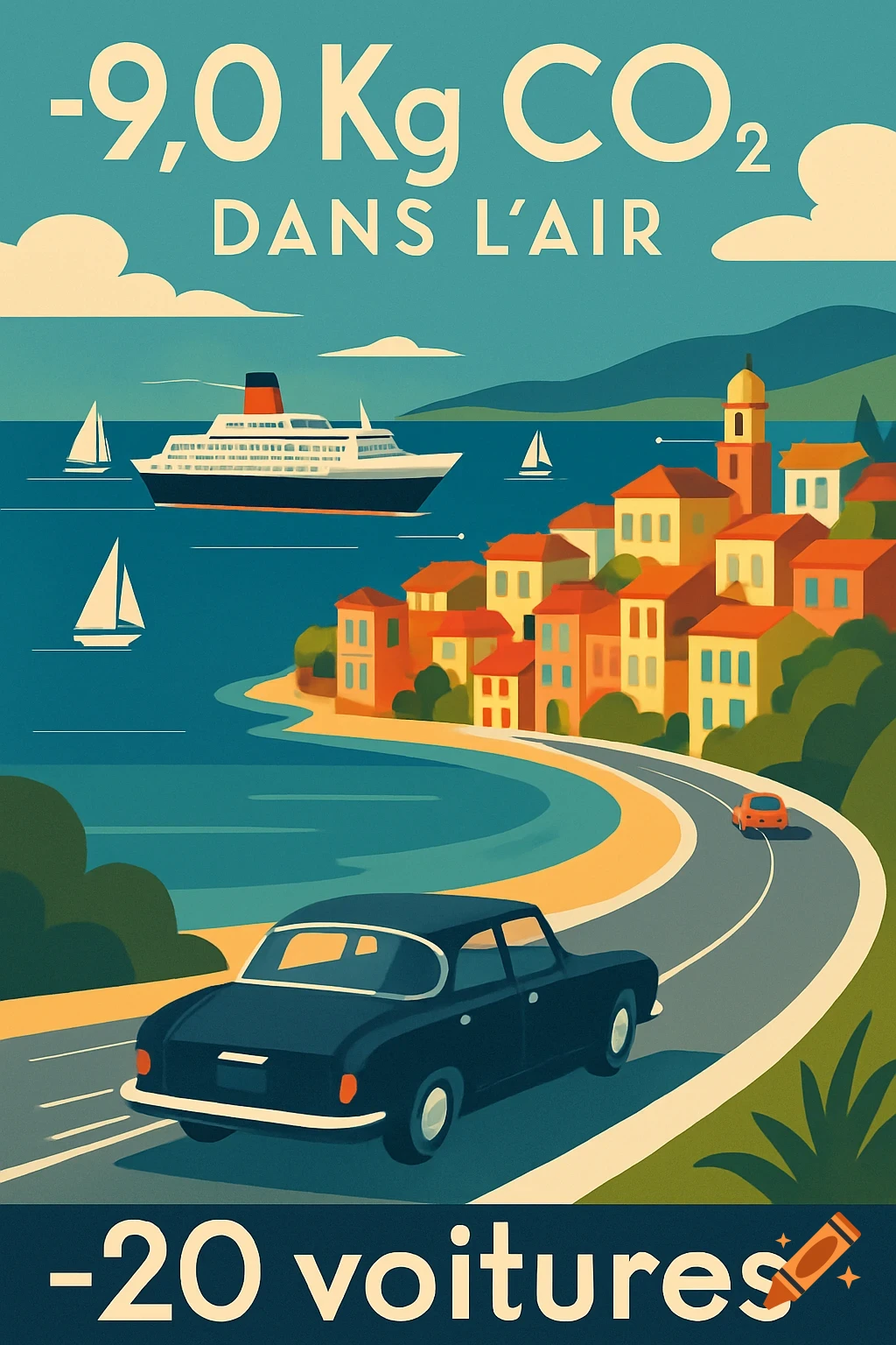 Retro travel poster of a coastal town with a cruise ship, sailboats, and cars on a winding road. Text indicates CO2 and car numbers.