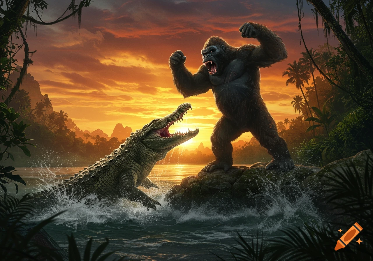 King Kong fights a giant crocodile, standing on rocks in a jungle river at sunset.