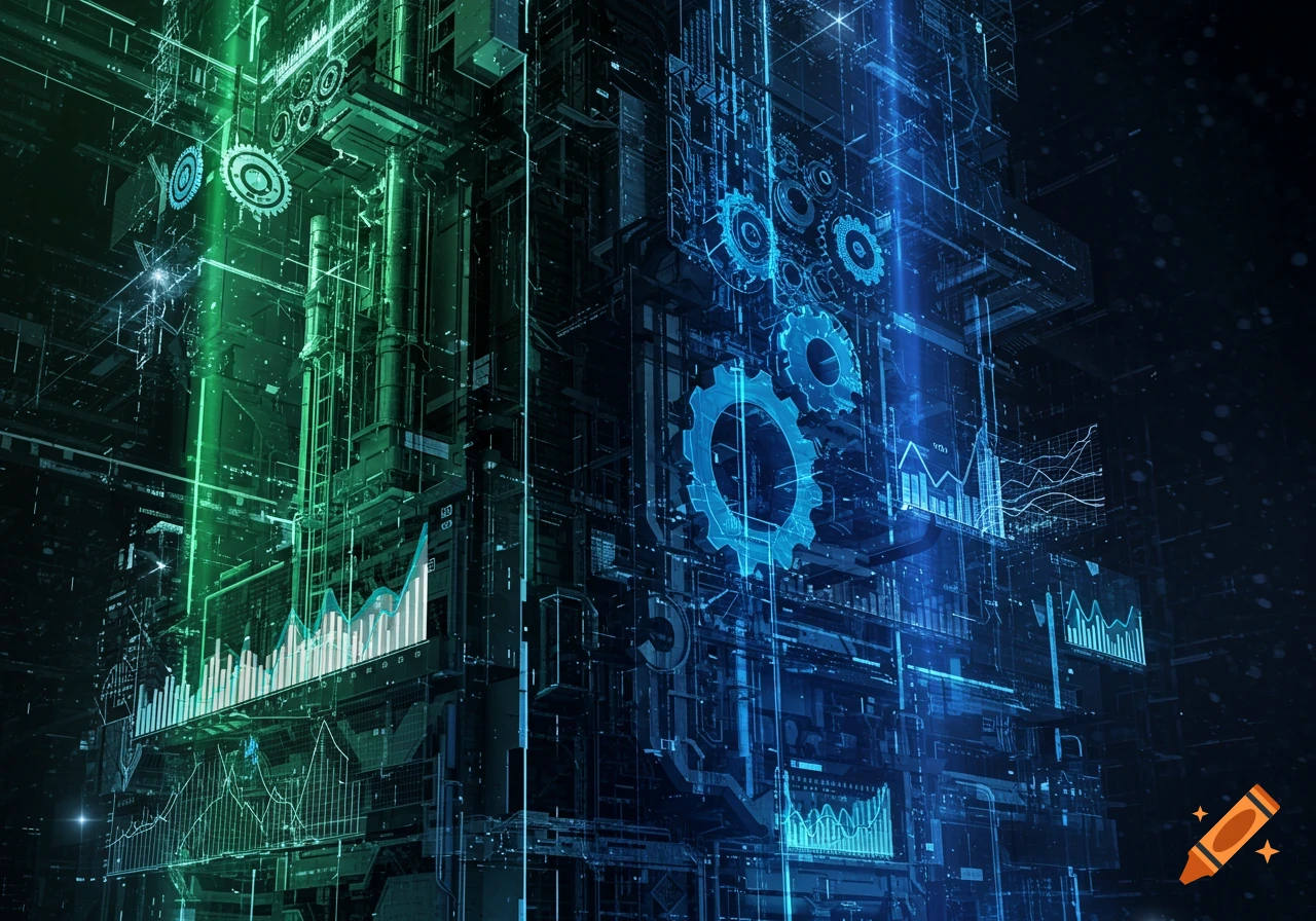 A complex digital structure with glowing green and blue gears, circuits, and various data visualizations, in a futuristic, abstract style.