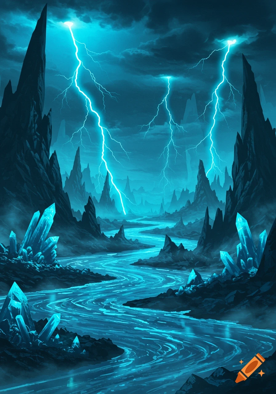 Dark fantasy landscape with glowing blue river, jagged peaks, and blue crystals under a stormy sky with electric lightning.