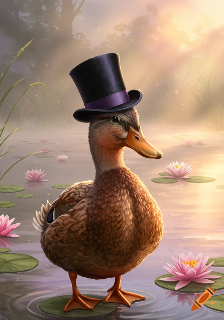 A duck wearing a black top hat stands on lily pads in a misty pond with pink water lilies, bathed in soft, warm light.