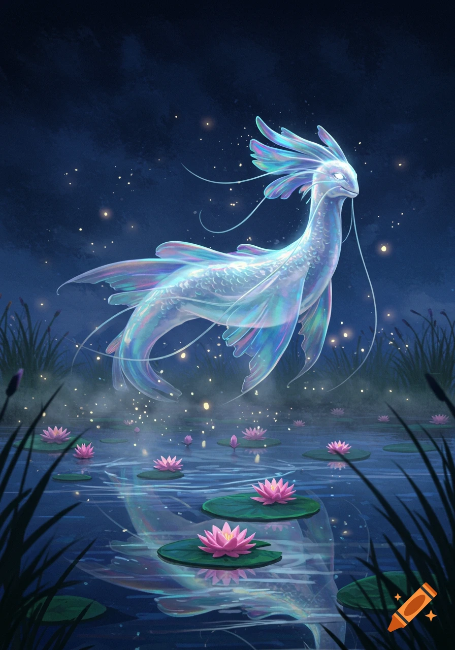 A glowing, iridescent serpentine creature with fins floats above a dark pond with pink lily pads at night, surrounded by fireflies.