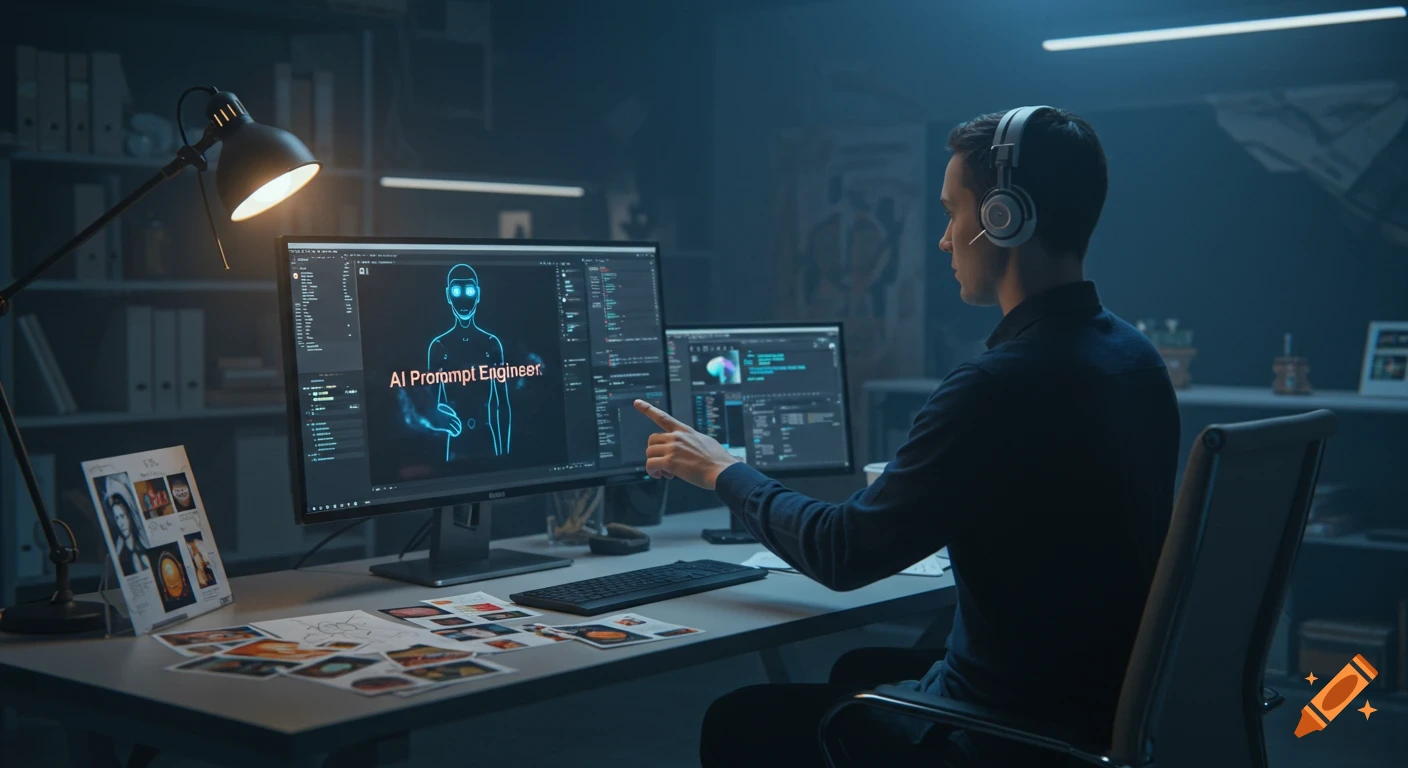 A man in headphones works on a computer in a dim office, pointing at a screen showing 'AI Prompt Engineer' and an AI human outline.