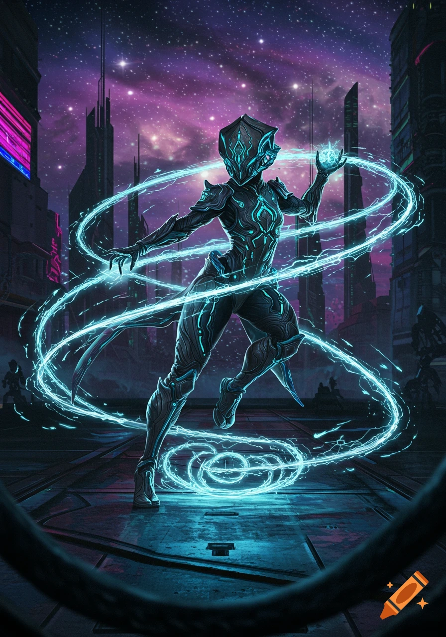 A futuristic armored figure with glowing blue energy swirls around them, standing in a sci-fi city under a starry purple sky.