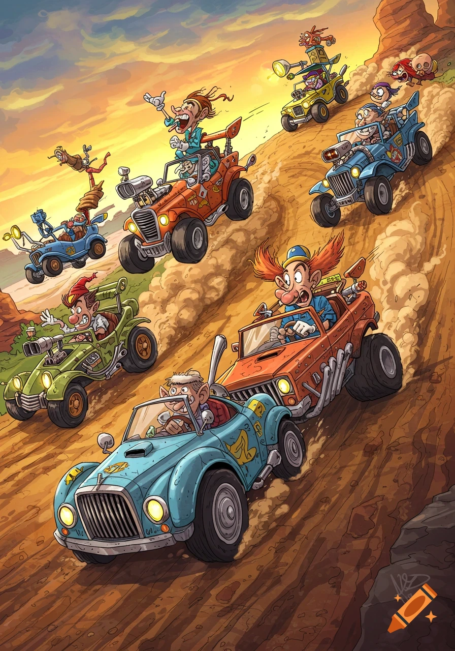 Cartoon characters in custom, wacky race cars speed uphill on a dusty desert track under a sunset sky.