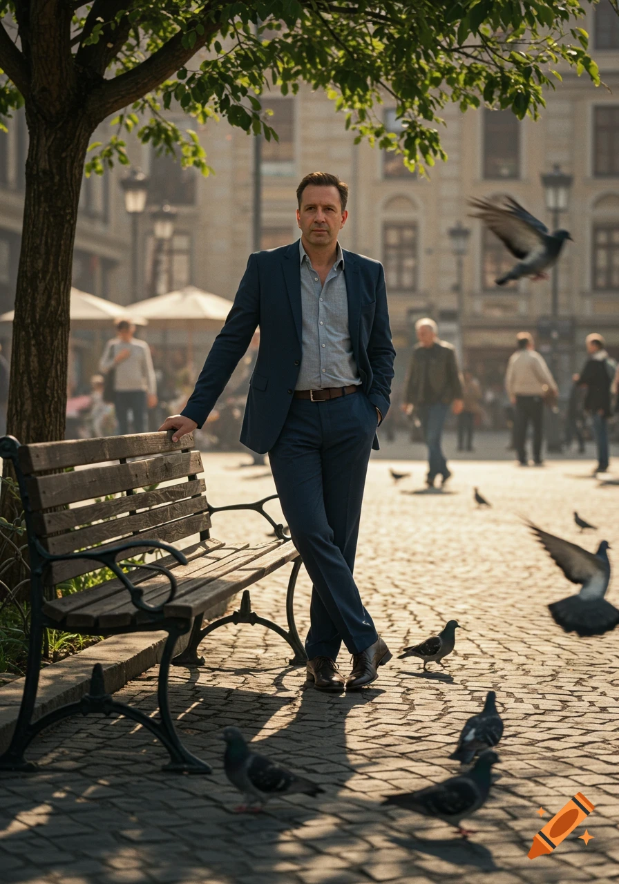 A man in a blue suit leans on a park bench in a sunny urban square with pigeons and buildings.